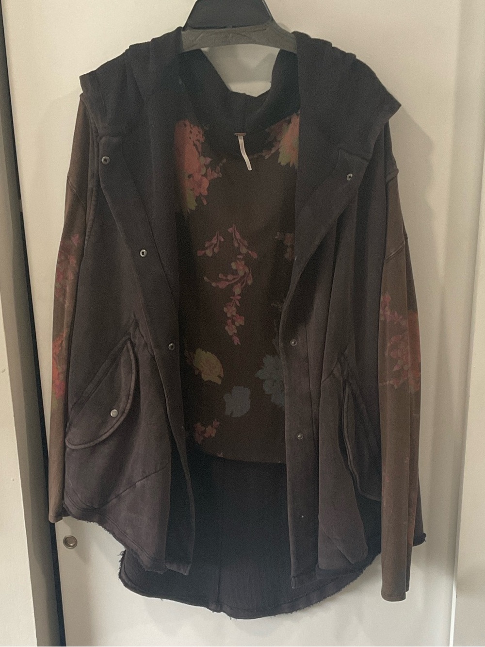 Free People “Just Like That” Brown Hooded Jacket with Subtle Floral Accents